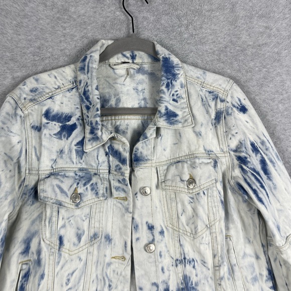 Free People Tie Dye Cropped Denim Jean Jacket Womens L Boho Coastal Artsy - Picture 3 of 10